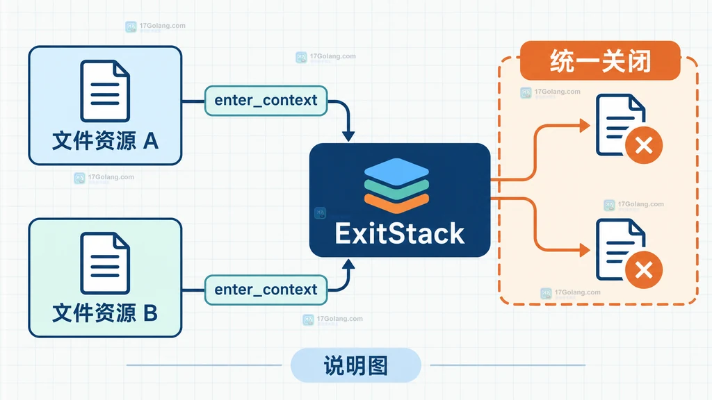 ExitStack 登记多个资源并统一关闭的静态结构说明图