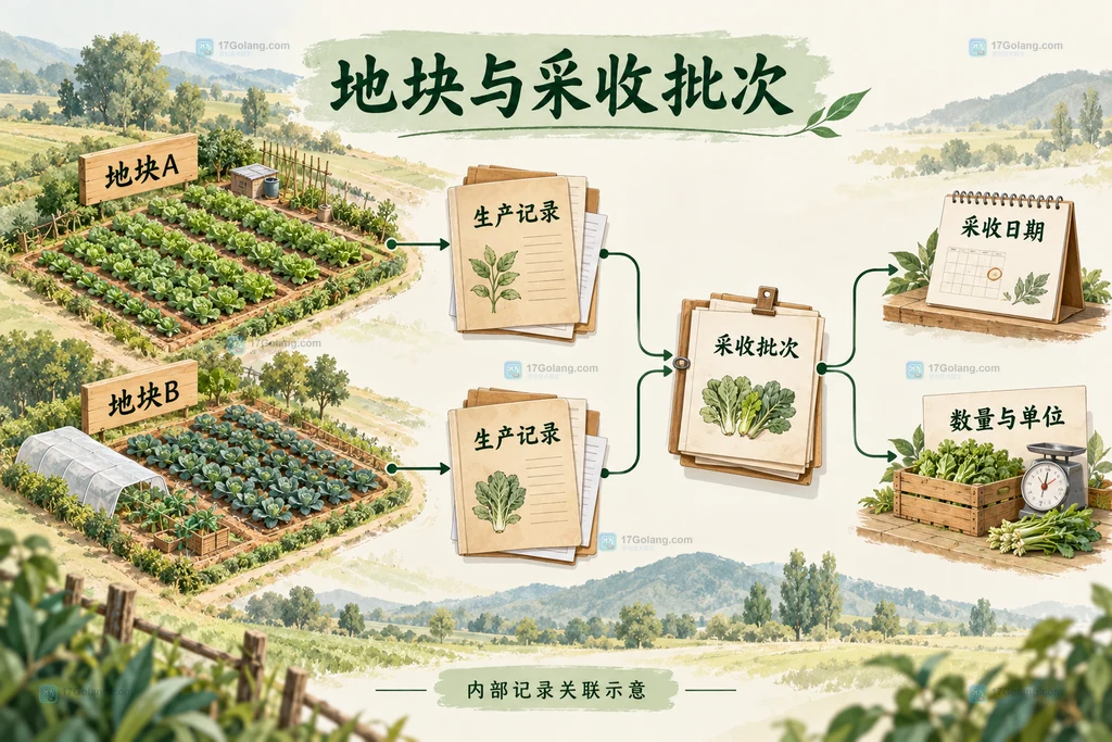 地块、生产记录和采收批次之间的关联
