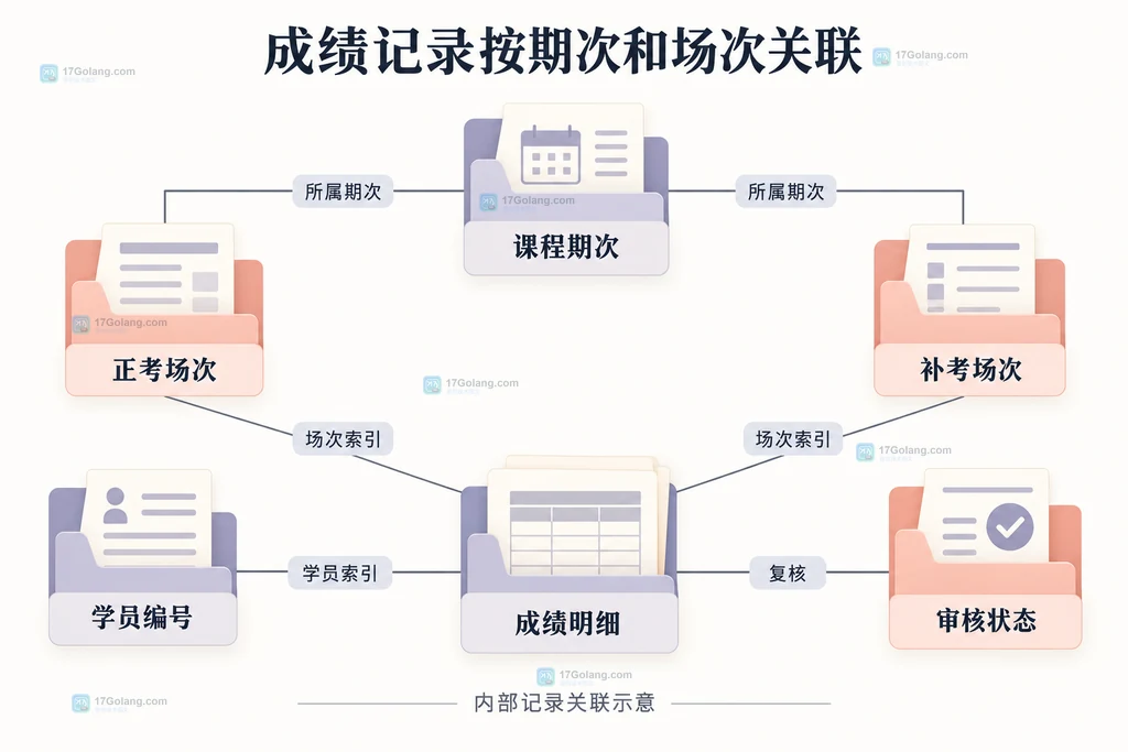 课程、学员、考试场次与成绩明细的关联