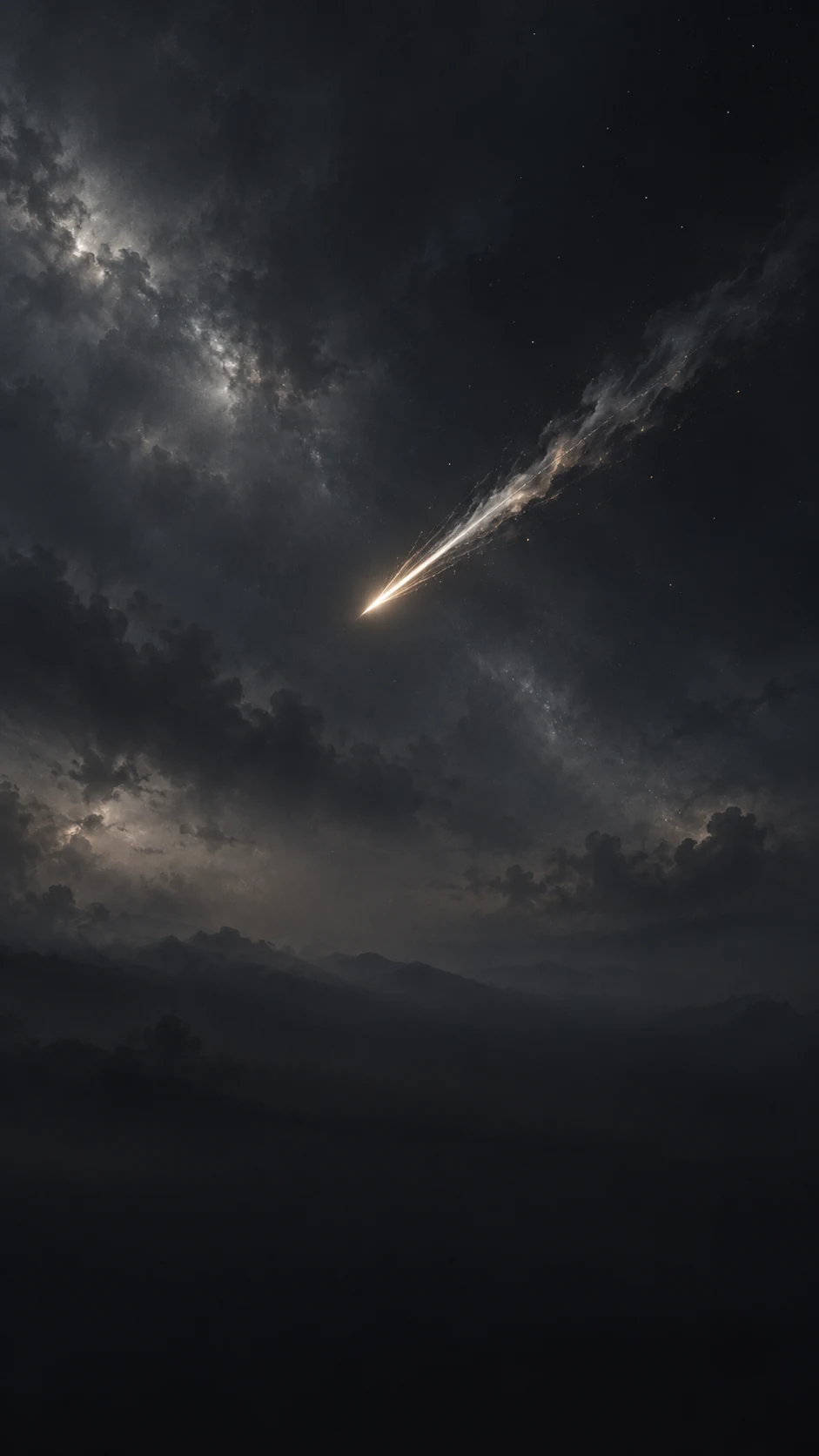 石墨灰渐变背景中位于中上部偏右的铅灰流星手机壁纸,底部保留低对比暗部