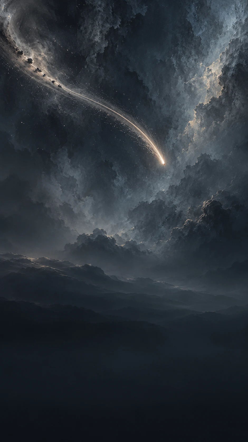 蓝灰石墨渐变背景中从左上弧形滑向中部的铅灰流星壁纸变体,底部保持安静暗部
