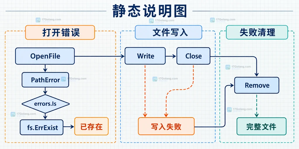 OpenFile、PathError、fs.ErrExist、Write、Close 和 Remove 的错误与收尾边界说明图