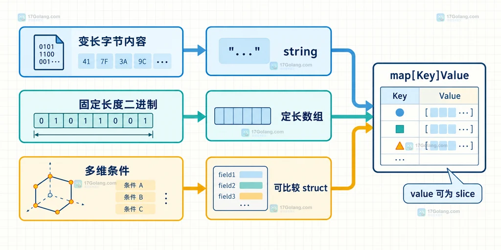 Go slice map key 替代方案说明图:string、定长数组和 struct 分别承载内容键与复合键