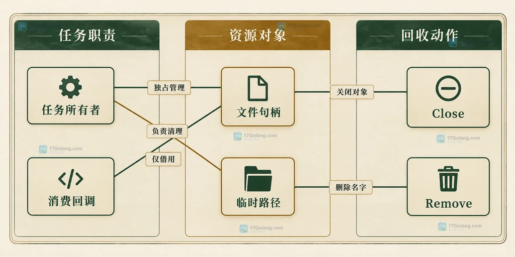 静态职责图:任务所有者同时承担文件句柄和临时路径的回收责任,关闭与删除不是替代关系。