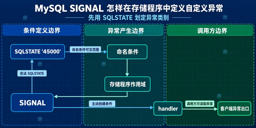 MySQL SIGNAL 的 SQLSTATE、命名条件、存储程序作用域和异常出口之间的静态关系说明图