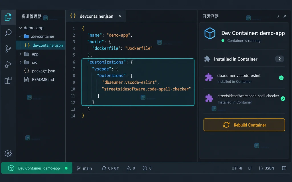 原创界面说明图:devcontainer.json 的扩展配置与容器安装状态