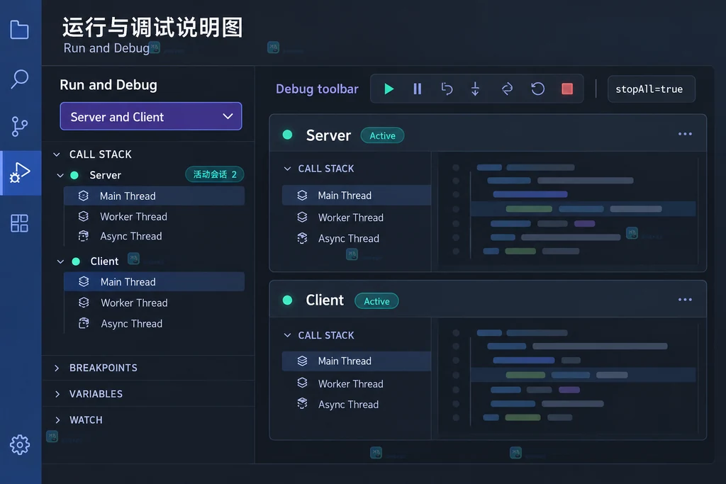 原创 VS Code 运行与调试界面说明图,展示 Server and Client 组合项和两个活动调试会话