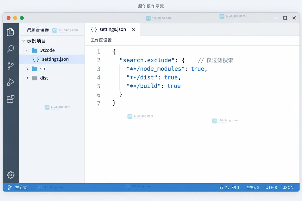 原创工作区设置说明图,settings.json 中保存 search.exclude 目录规则