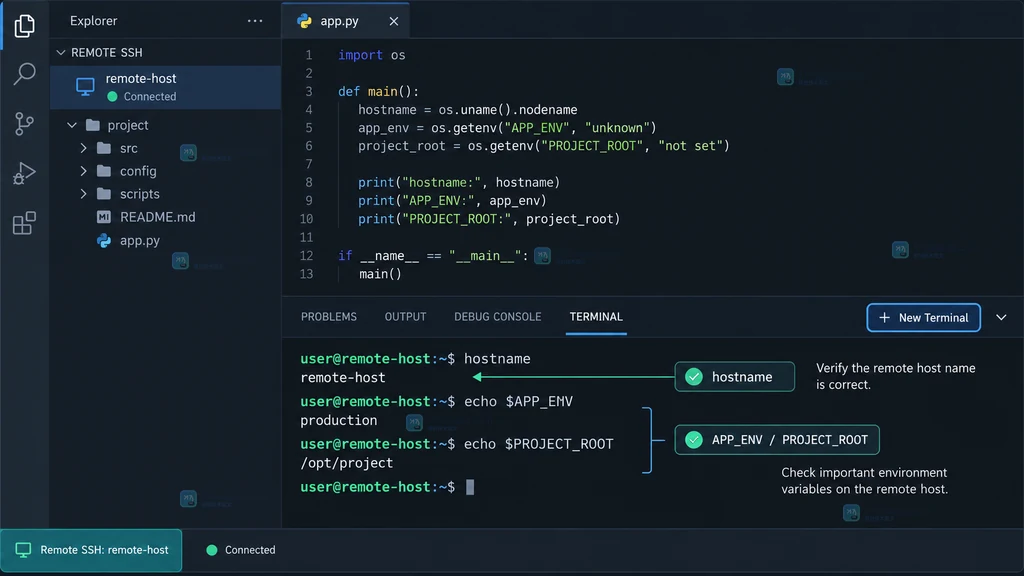 VS Code Remote SSH 远端窗口与集成终端上下文的原创界面说明图