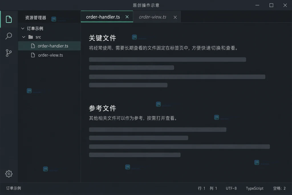 原创编辑器说明图，资源管理器关键文件与顶部普通标签对应