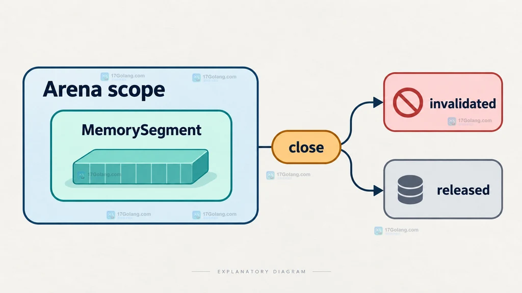 JDK 26 Arena 作用域结构说明图,展示 MemorySegment 从分配到关闭后失效的生命周期边界