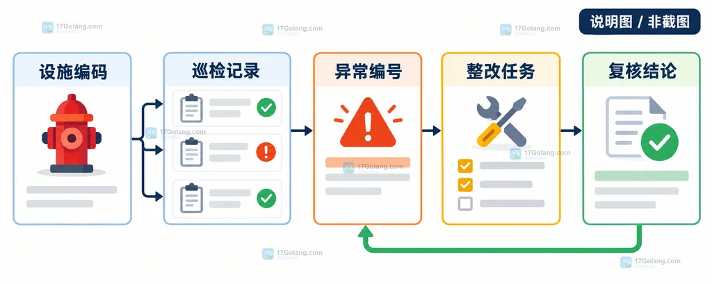 物业消防设施巡检从设施编码到异常编号、整改任务和复核结论的关系说明图