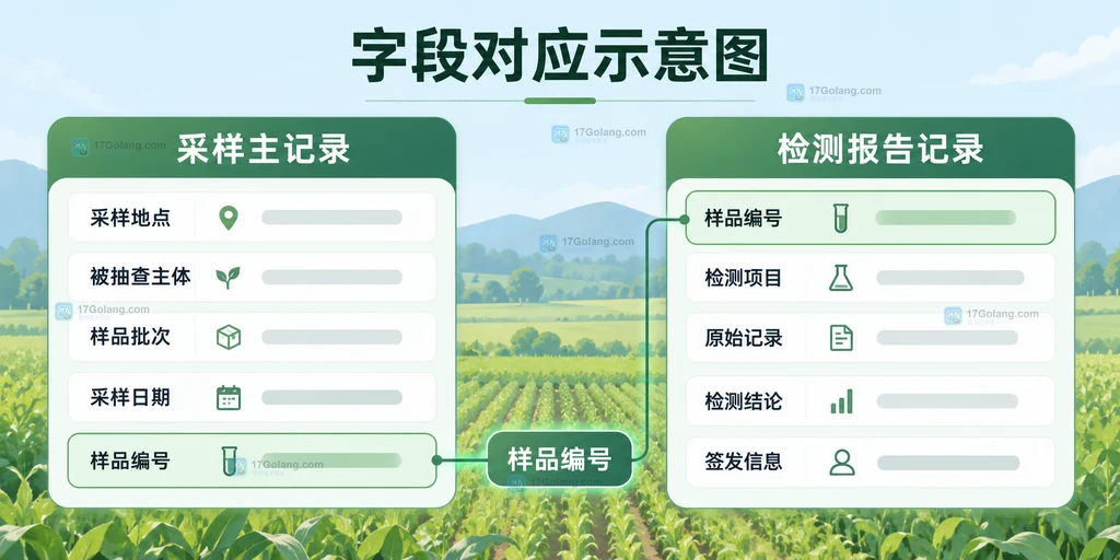 采样地点通过样品编号关联检测机构原始记录和检验报告的原创关系说明图