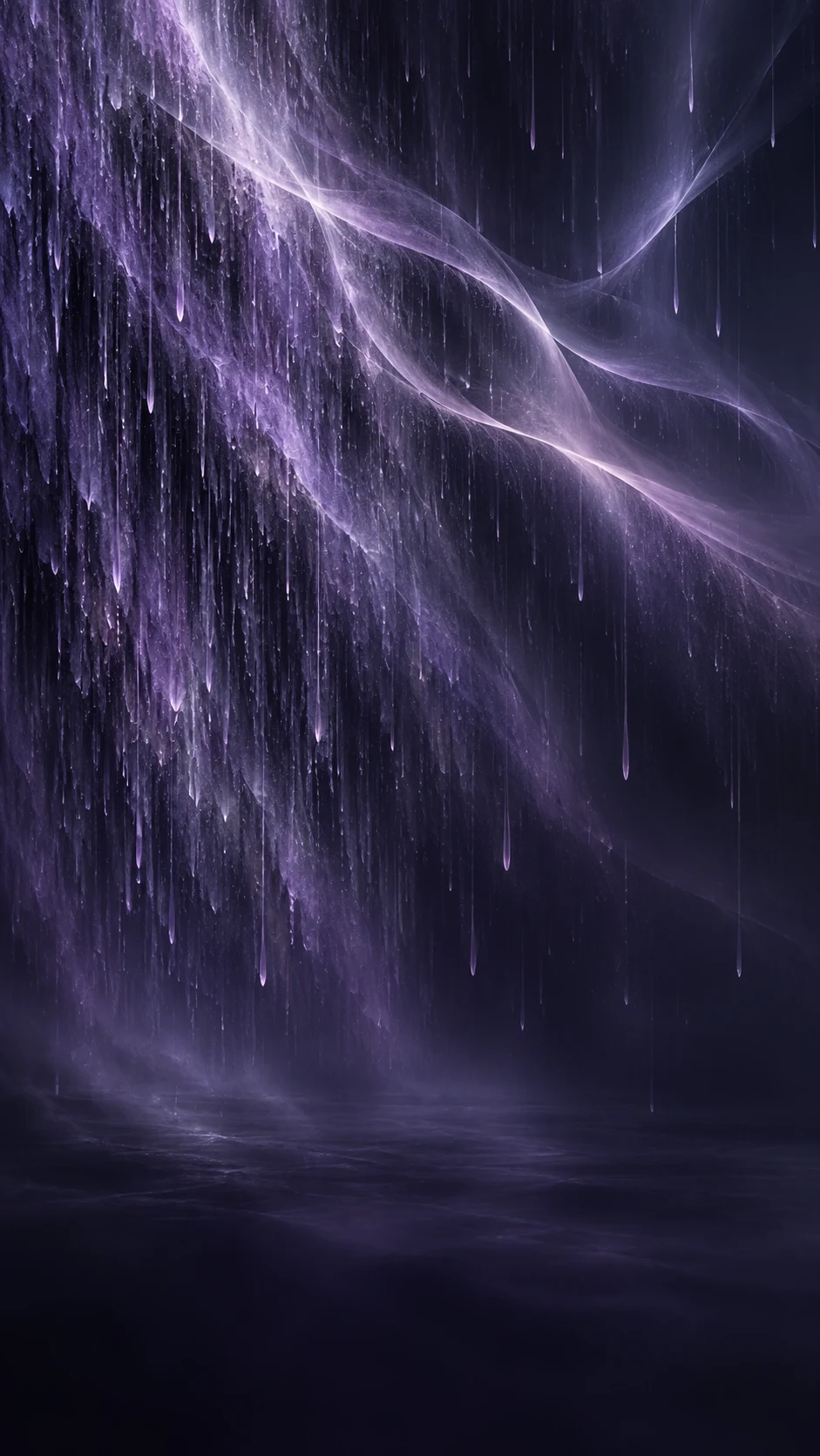 墨紫雨幕变体,左侧雨丝略密并向右侧变疏,中上部有少量紫银光带,底部暗色留白