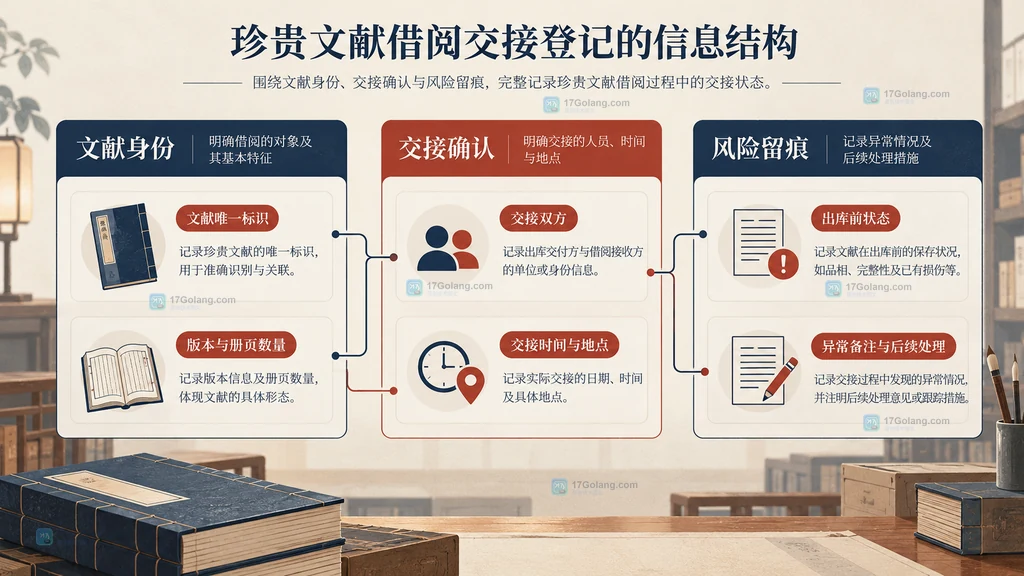 珍贵文献借阅交接记录字段结构示意图，分为文献身份、交接确认和风险留痕三组