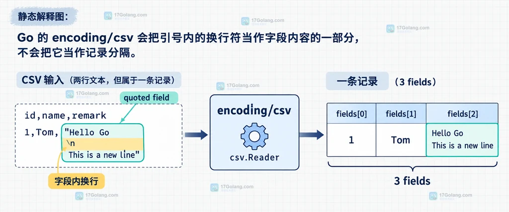 Go encoding/csv 将带引号换行字段保持在同一条记录中的结构说明图