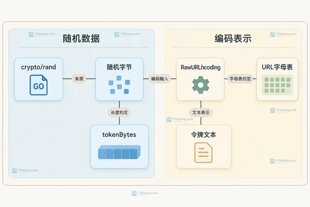 crypto/rand关联32字节随机数据,RawURLEncoding关联URL字母表与无填充令牌文本