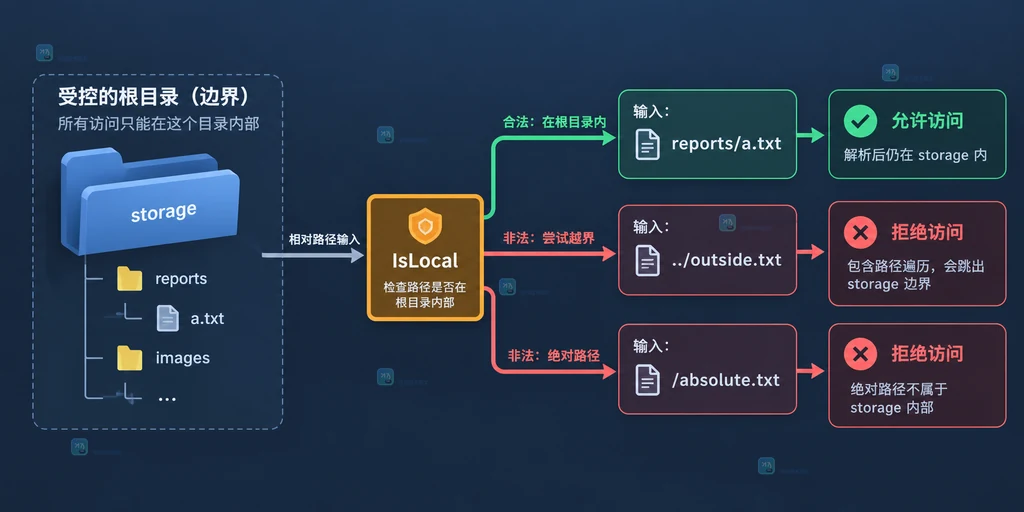 外部路径经过 IsLocal 边界判断后再与受控根目录组合的关系示意图