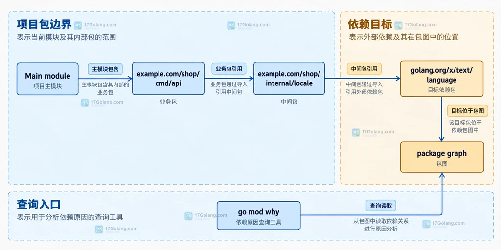 Go mod why 从主模块到目标包的最短包级引入路径结构说明图