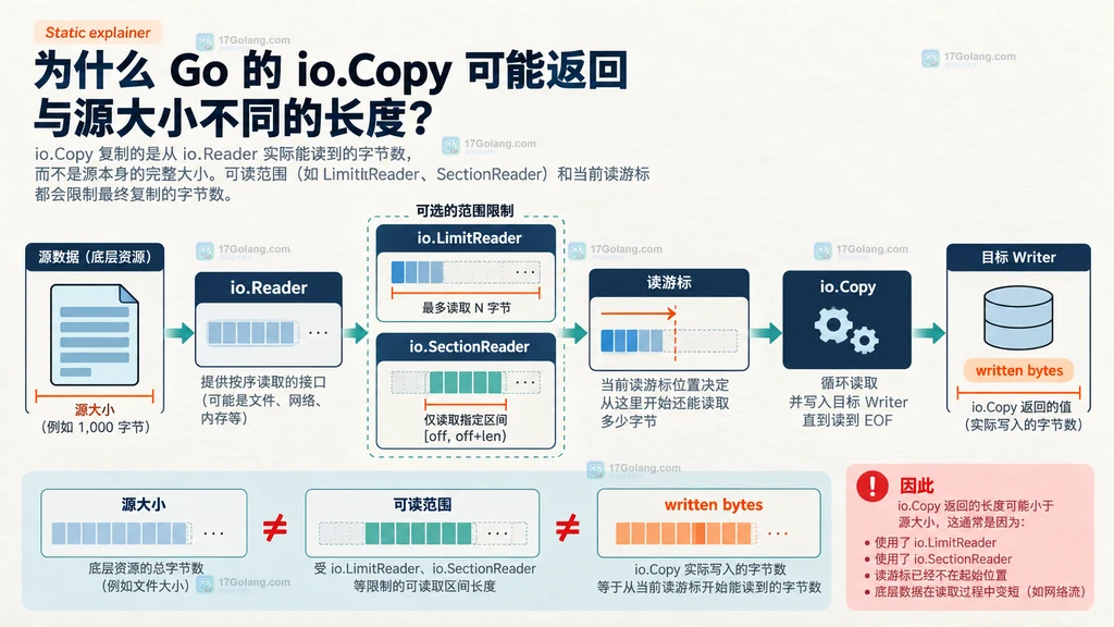Go 目标文件写游标、O_TRUNC、旧文件尾部、stat.Size 和 io.CopyN 之间关系的静态说明图