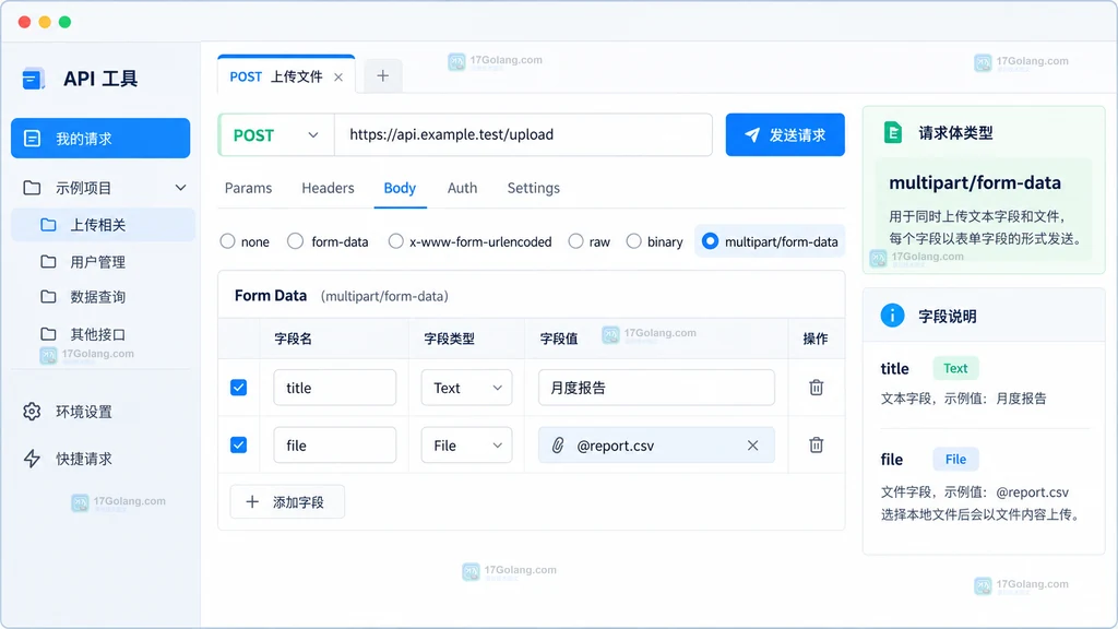 原创开发工具界面说明图，展示 multipart/form-data、文本字段 title 和文件字段 file 的对应关系
