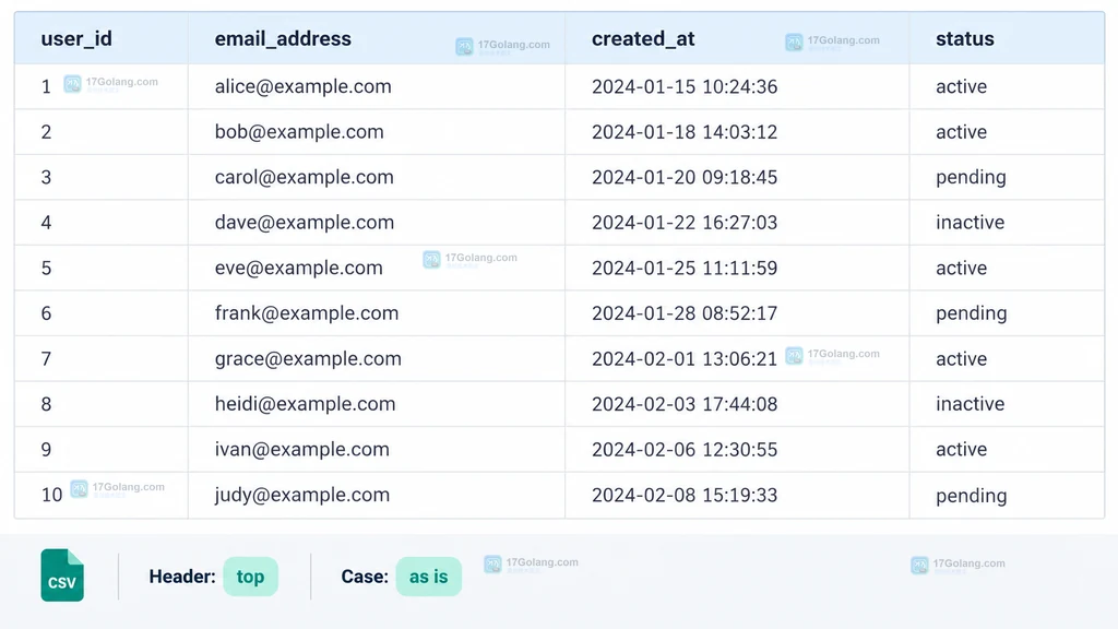 导出结果首行显示 user_id、email_address、created_at 字段名的原创结果说明图