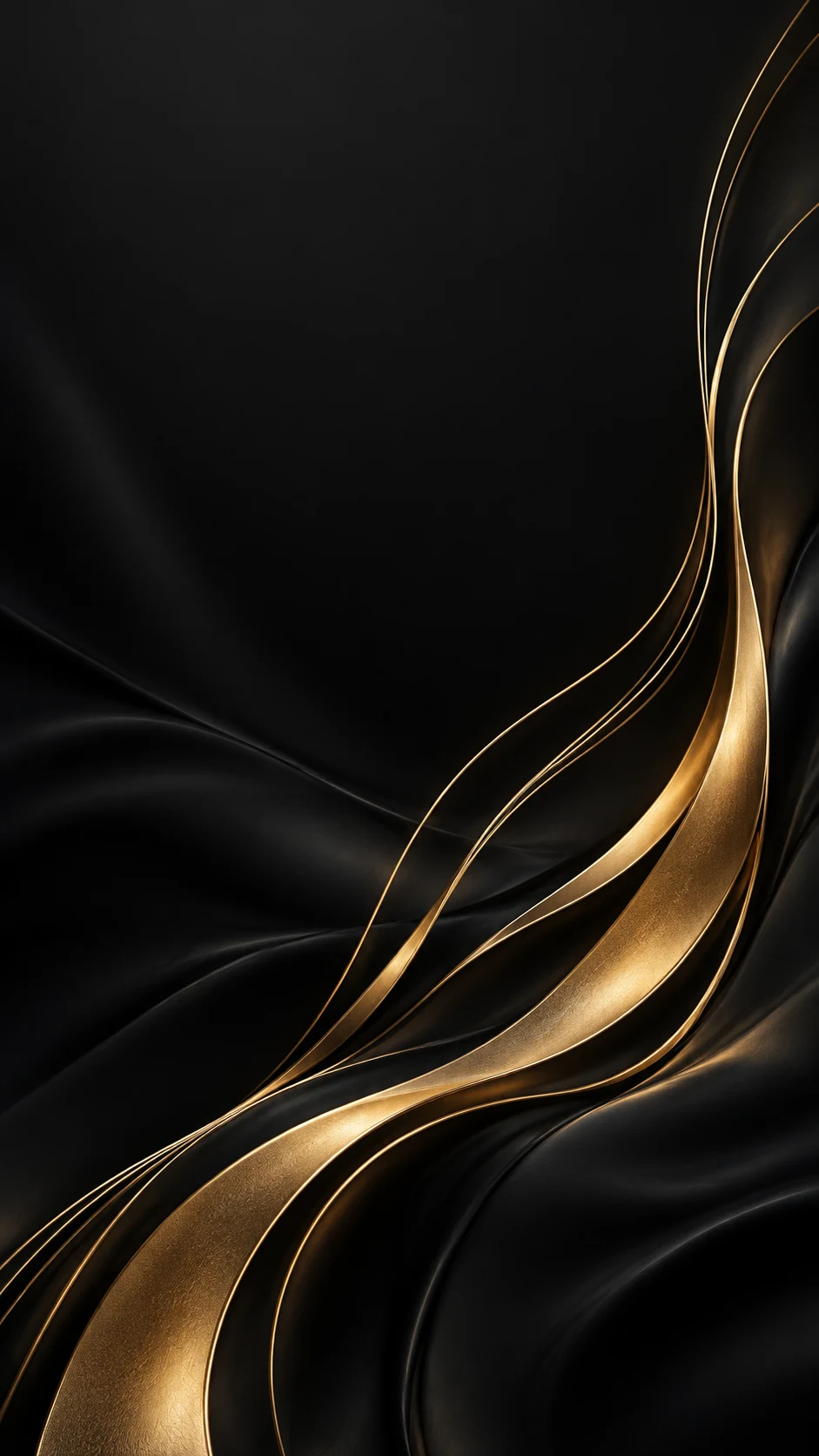 炭黑背景上沿右侧上扬的香槟金细流线原创手机壁纸