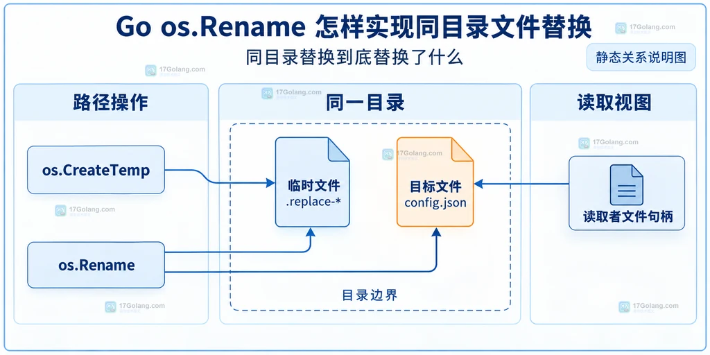 同一目录中的临时文件、目标文件、os.CreateTemp 和 os.Rename 静态关系说明图