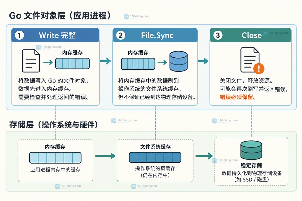 Go Write、Sync、Close 与稳定存储之间的静态阶段关系图