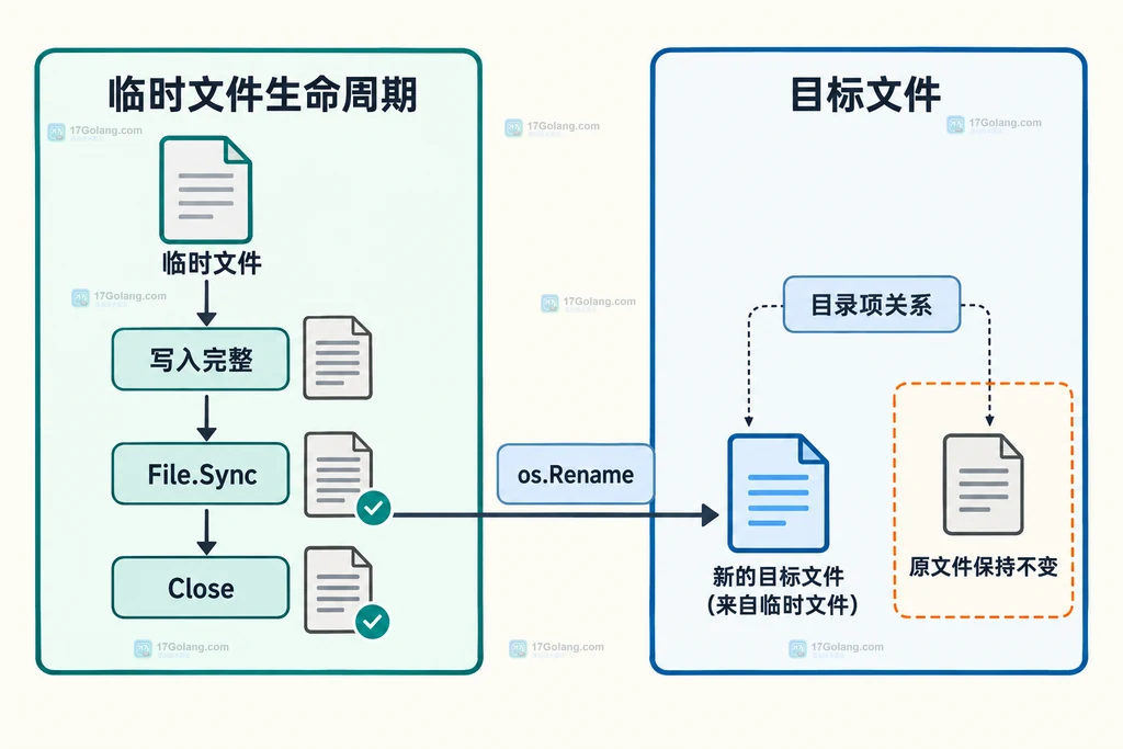 Go 临时文件写入、Sync、Close、Rename 替换目标文件的静态顺序图
