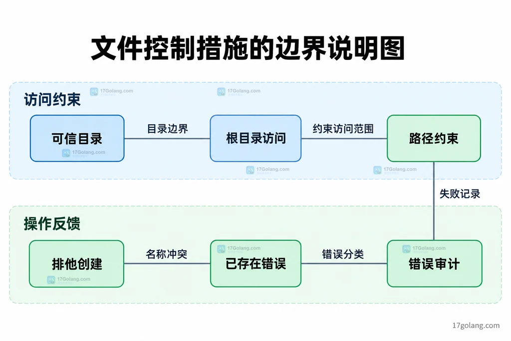 可信目录、根目录访问、排他创建和错误审计的静态边界说明图