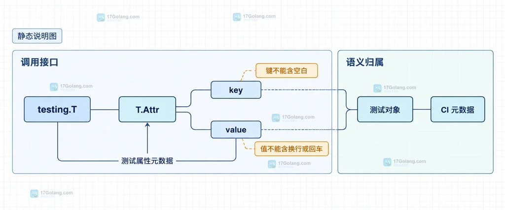 测试函数、testing.T.Attr、test2json 与 Action=attr JSON 字段关系的静态结构图