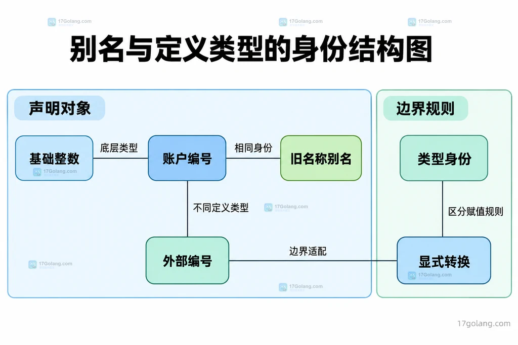 领域类型、旧名称别名和外部编号类型的静态身份关系结构图
