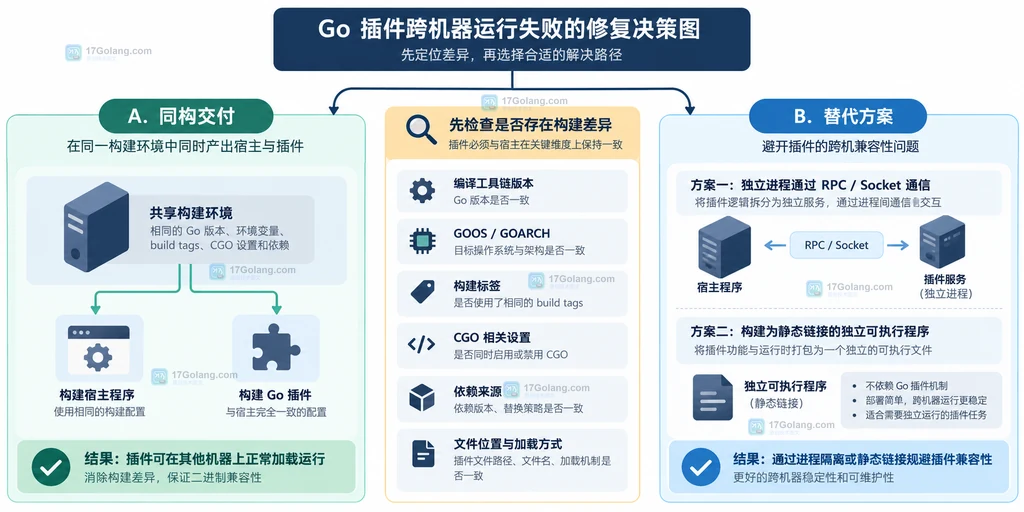 Go plugin 同构构建与 IPC 或静态可执行文件替代方案的决策说明图