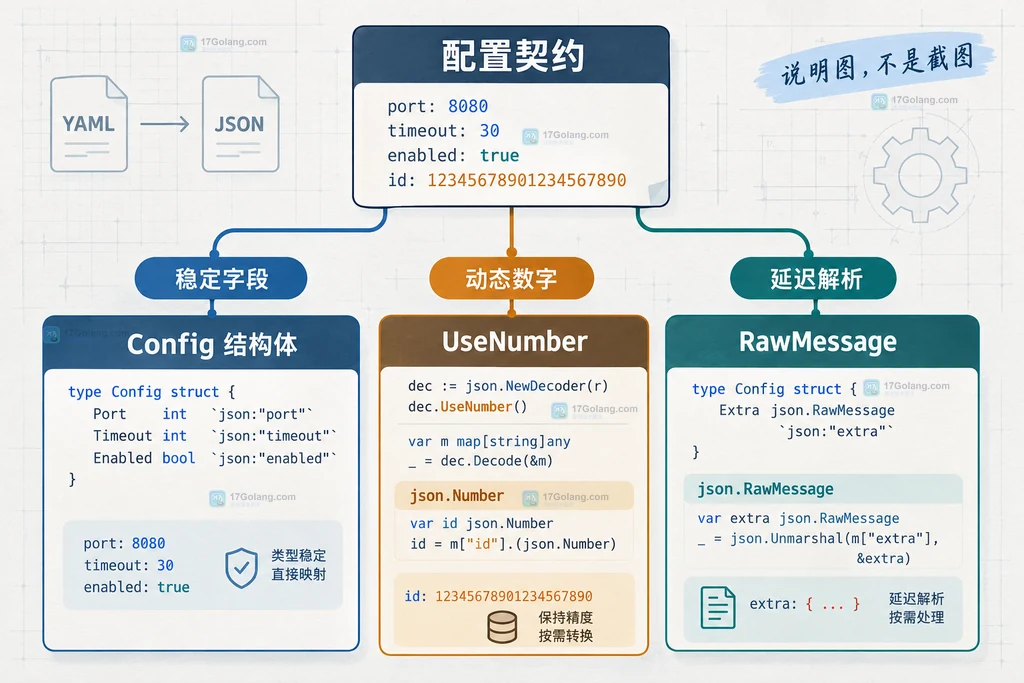 Go YAML 配置经过 YAML 解码、JSON 编码和 JSON 再解码时的类型边界说明图