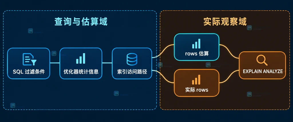 MySQL EXPLAIN 估算路径中查询条件、统计信息、访问路径、rows 和实际行数的关系说明图