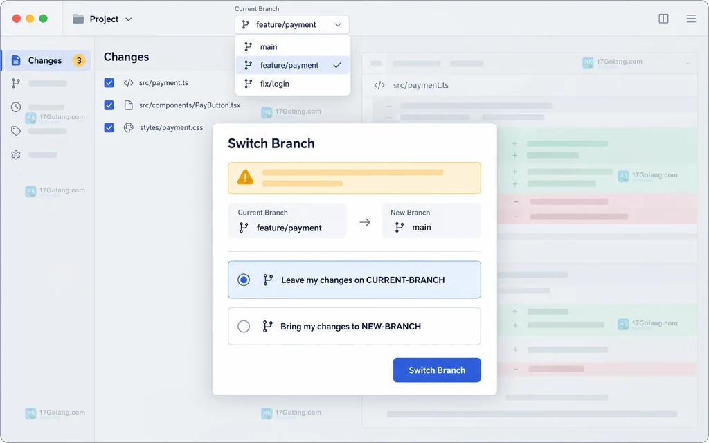 原创界面说明图:GitHub Desktop 的 Current Branch 列表和保留改动的 Switch Branch 窗口