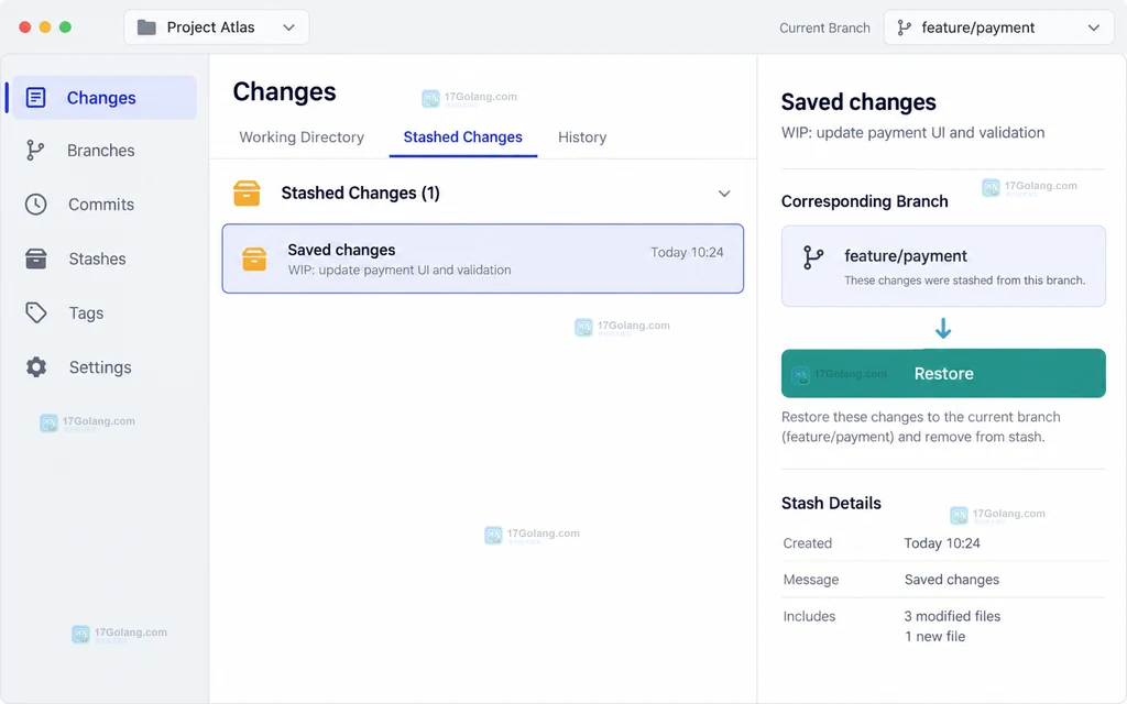 原创界面说明图:GitHub Desktop 的 Changes 面板、Stashed Changes 列表和 Restore 操作