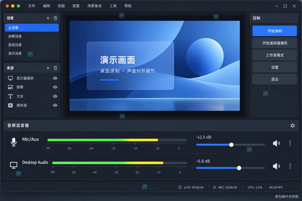 OBS Audio Mixer中Mic Aux与Desktop Audio拥有独立推子和电平表的原创界面说明图