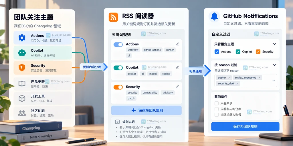 原创团队更新分流界面说明图,展示 RSS 阅读器与 GitHub Notifications 的主题和 reason 过滤关系