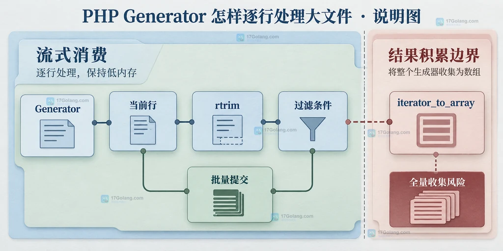 PHP Generator 当前行经 rtrim、过滤条件到批量提交以及 iterator_to_array 全量收集风险的静态结构图