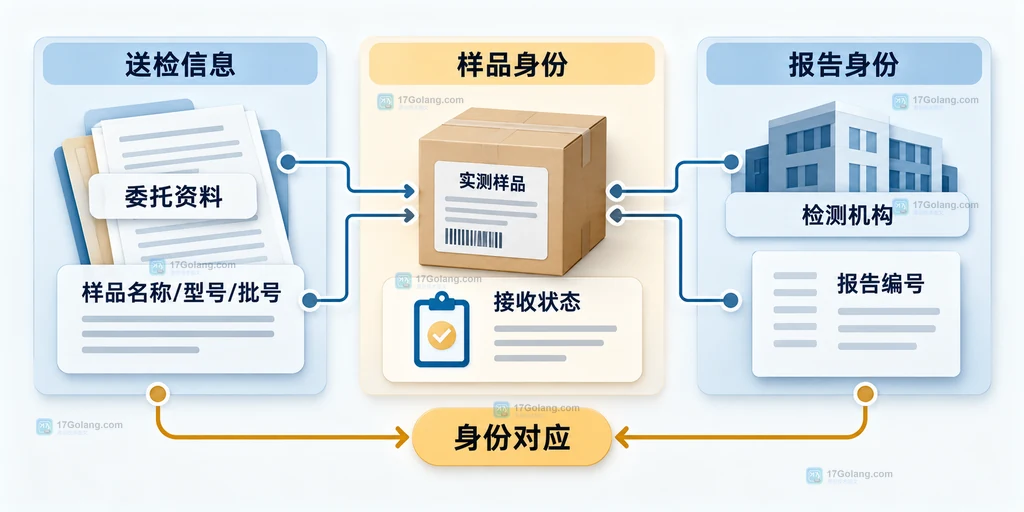 实验室检测报告样品身份核对说明图,展示委托资料、样品标签、接收记录和报告编号之间的对应关系