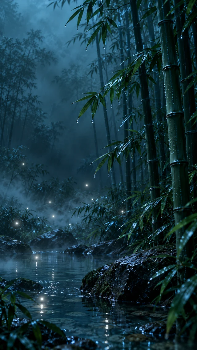 手机壁纸：雨后竹林里的银色萤火怎样留出锁屏留白