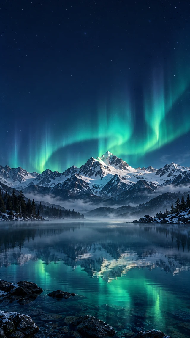 手机壁纸：雪山湖泊的极光倒影怎样留出锁屏留白