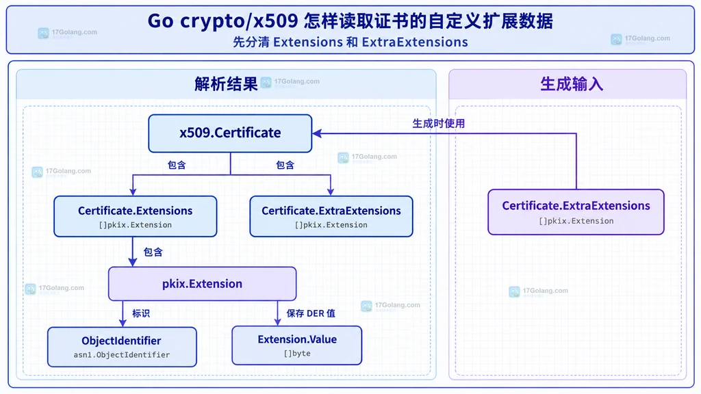 Certificate、Extensions 与自定义 pkix.Extension 的静态关系说明图