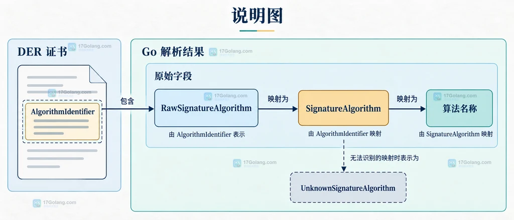 DER 证书、AlgorithmIdentifier、RawSignatureAlgorithm 与 SignatureAlgorithm 的静态关系说明图