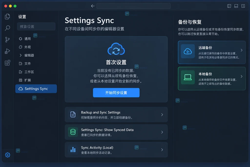 原创界面说明图展示 Settings Sync 首次设置与远端本地备份入口