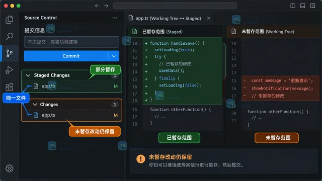VS Code Source Control 怎样只提交选中的行