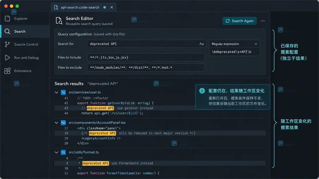 原创 VS Code 风格界面说明图，展示 Search 侧栏中的跨文件查询、文件范围和 Open in editor 入口