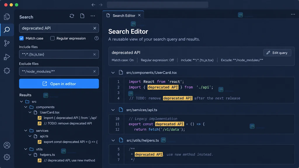 原创 VS Code 风格界面说明图，展示已保存的 Search Editor 查询配置、上下文结果和 Search Again 状态